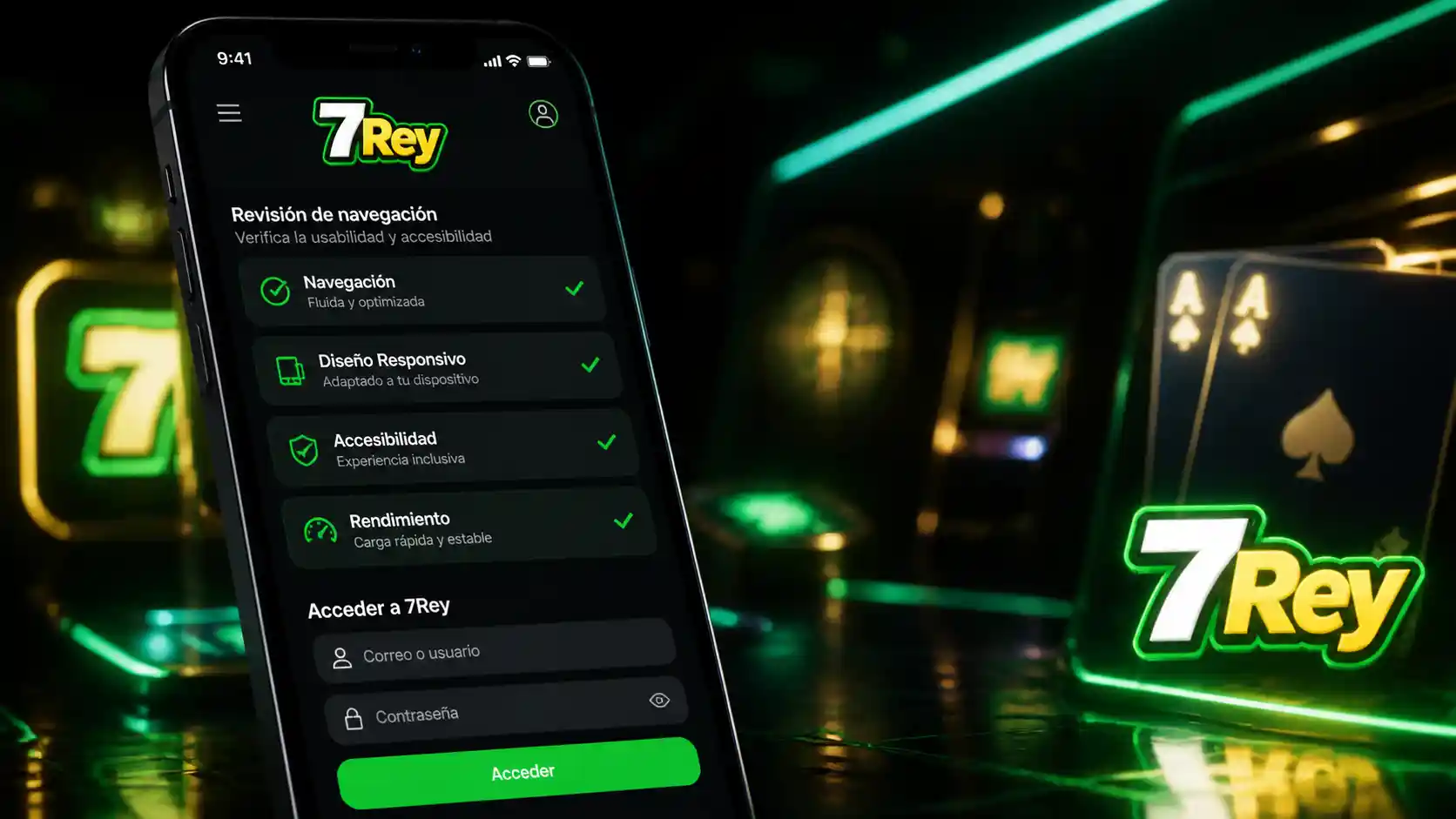 Comprobación de navegación y acceso de 7Rey desde un celular