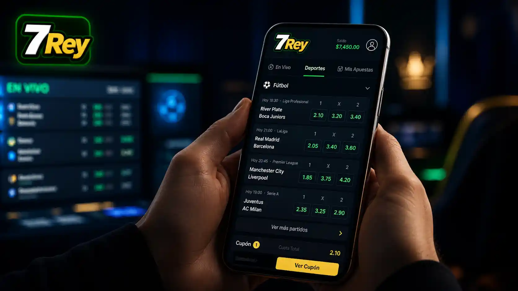 Interfaz móvil de 7Rey con eventos y mercados de apuestas
