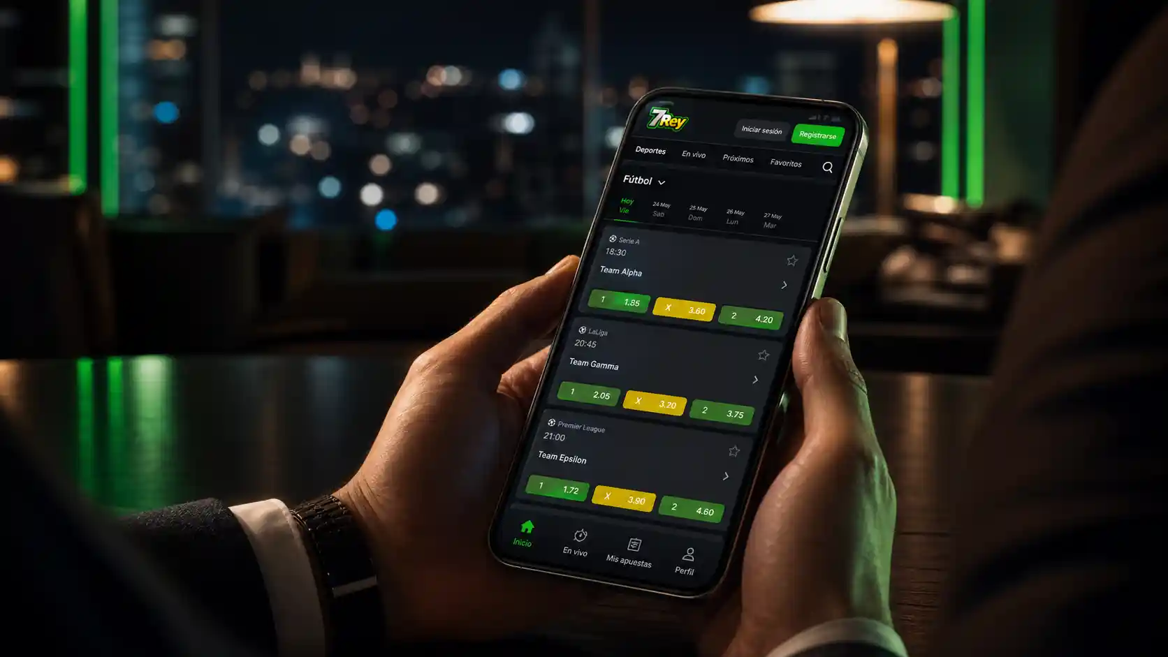 Celular mostrando la sección de partidos y apuestas deportivas de 7Rey