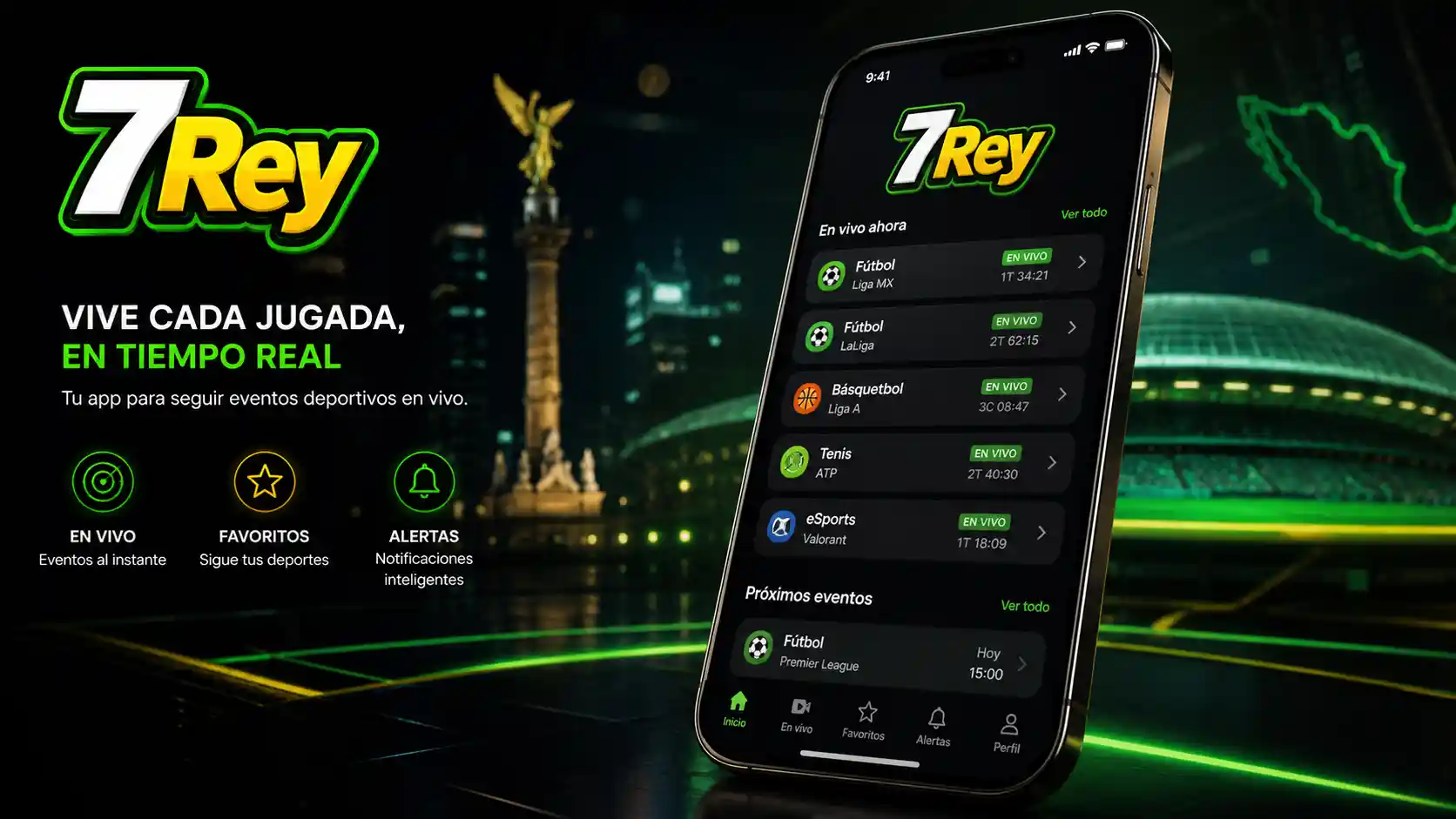 App móvil de 7Rey mostrando eventos deportivos en vivo