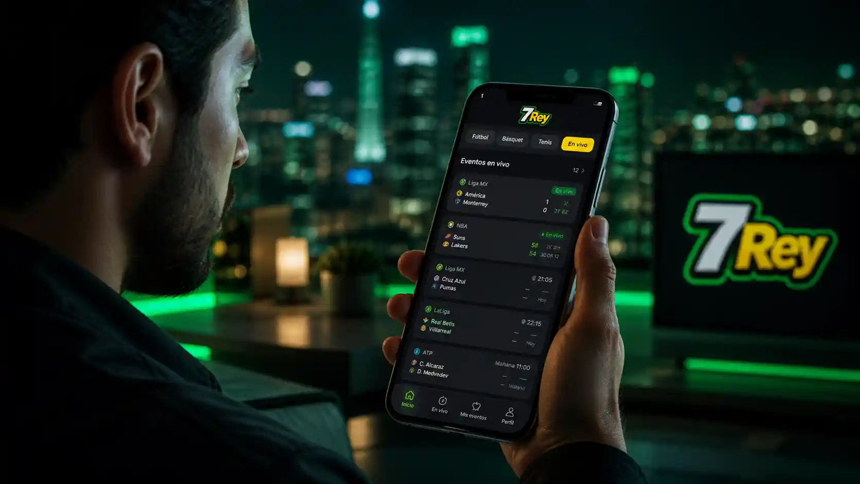 Usuario consultando filtros y eventos activos en la app de 7Rey