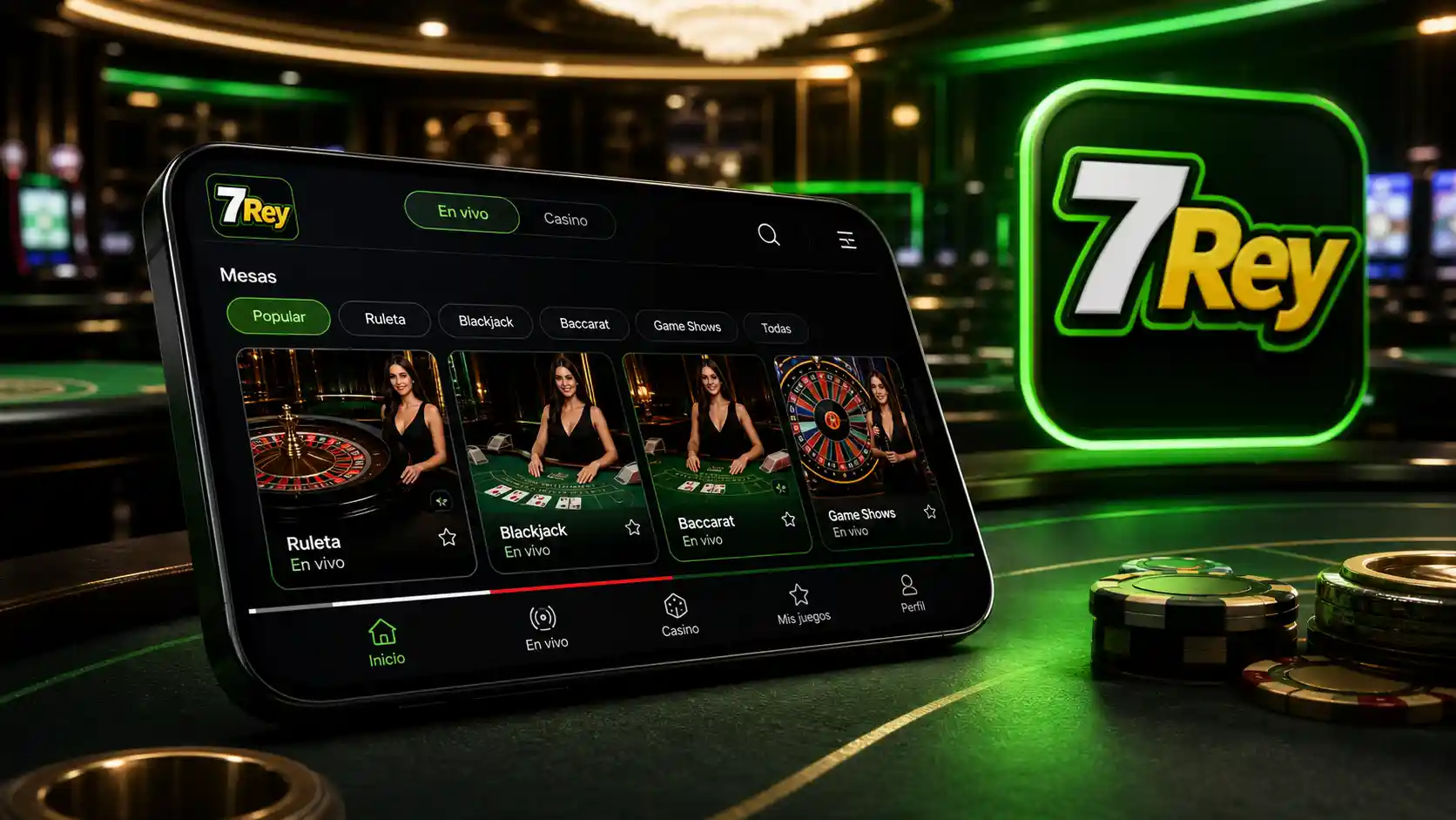 Interfaz móvil de 7Rey con juegos de casino en vivo