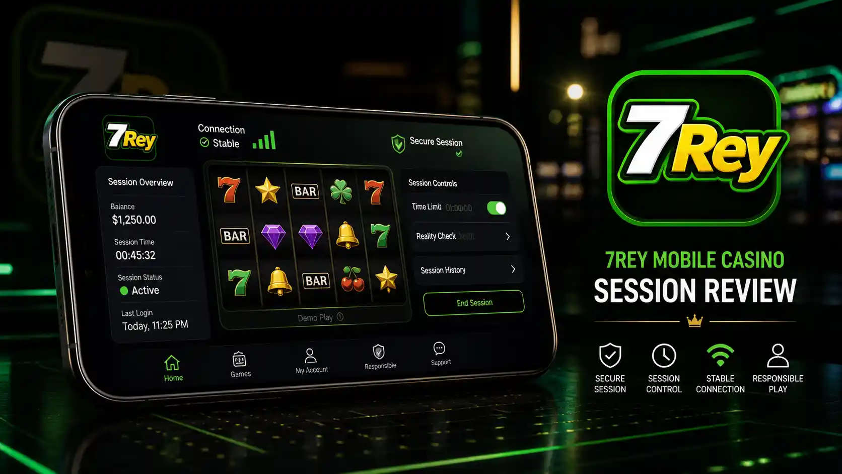 Pantalla móvil de 7Rey con opciones de casino y tragamonedas