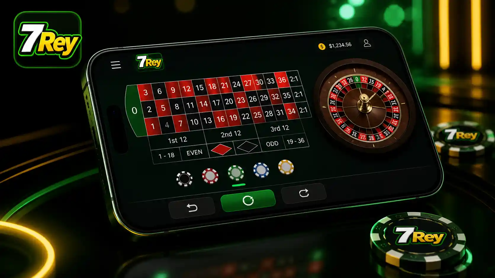 Celular mostrando la ruleta móvil de 7Rey