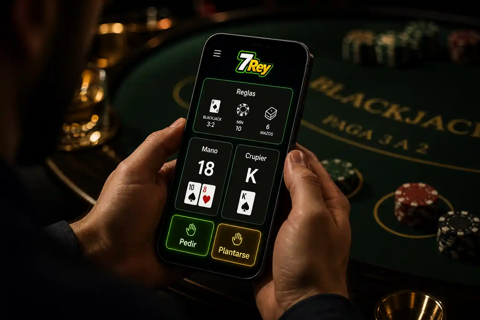 Interfaz móvil de blackjack con reglas y controles visibles