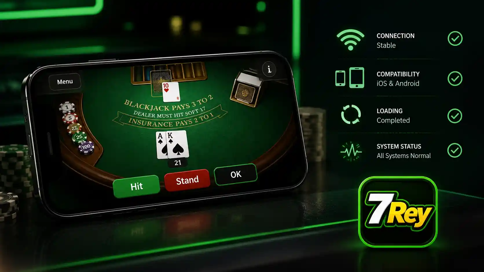 Blackjack móvil cargado correctamente en la plataforma de 7Rey