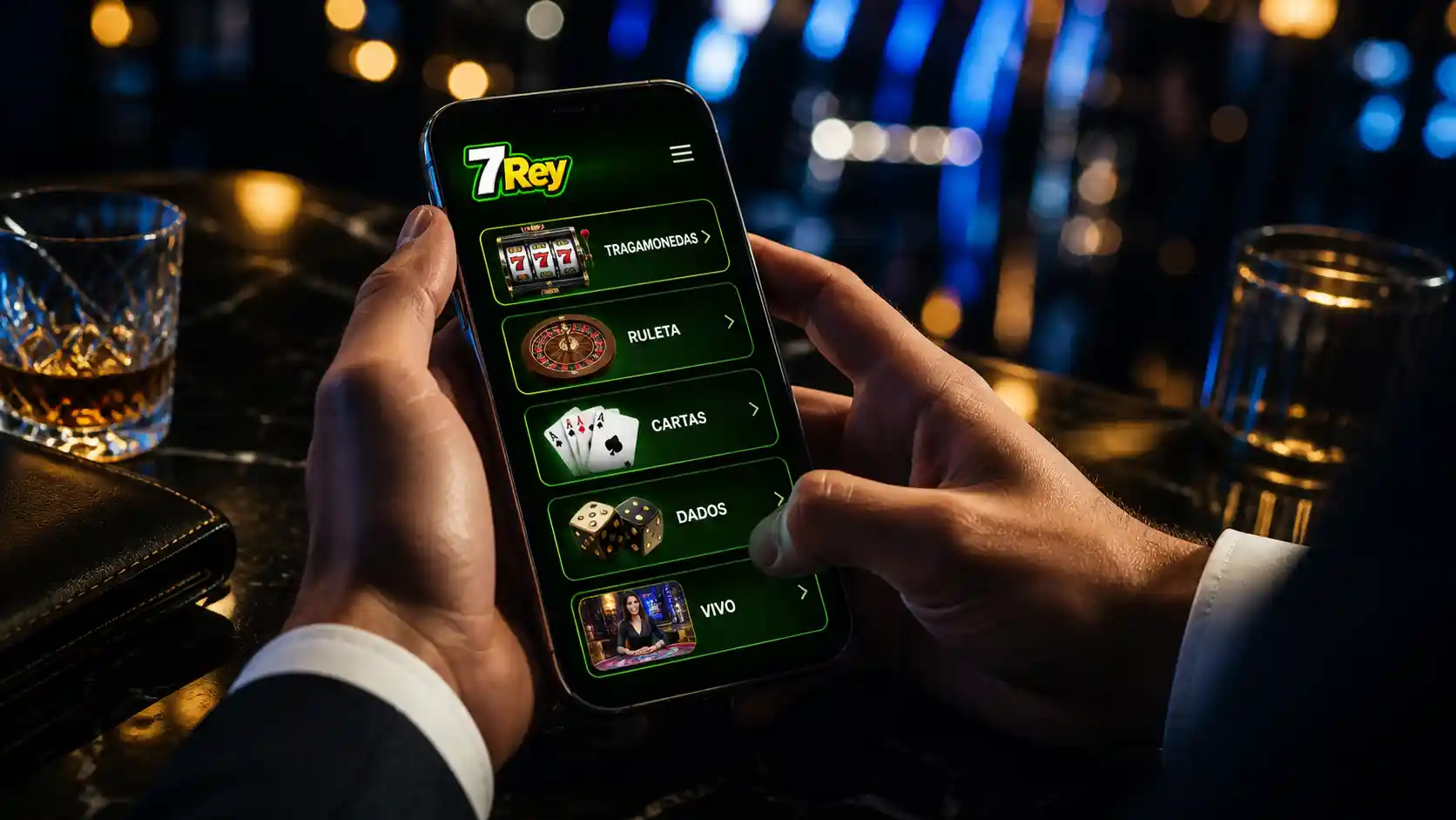 App móvil de 7Rey mostrando el acceso a juegos de casino