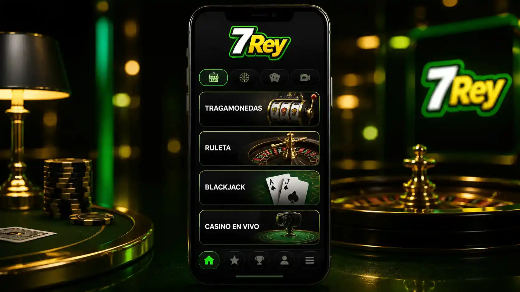 Categorías de juegos de casino de 7Rey en una pantalla móvil
