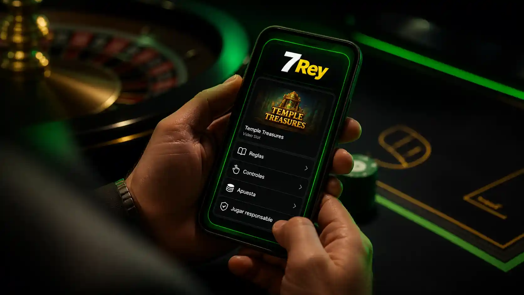Usuario revisando las reglas de un juego de casino en la app de 7Rey