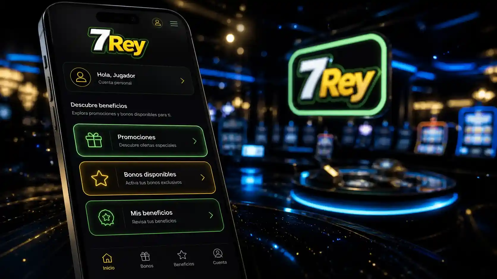 Aplicación móvil de 7Rey mostrando el área de promociones y bonos