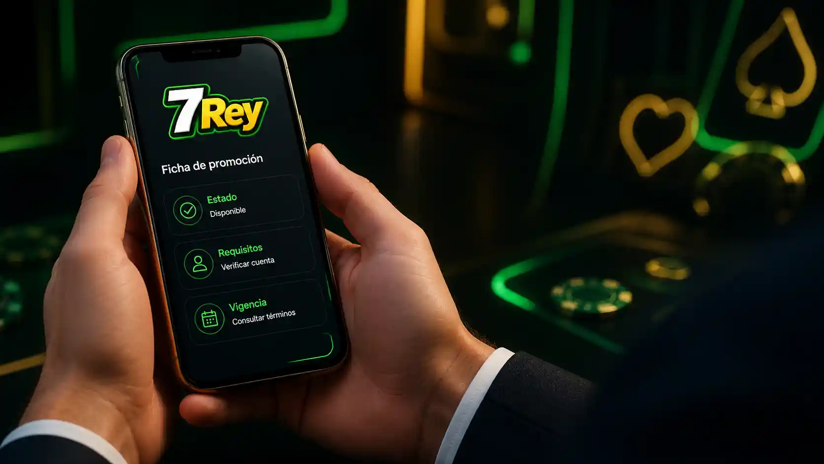 Ficha de promoción de 7Rey con condiciones del bono en un teléfono