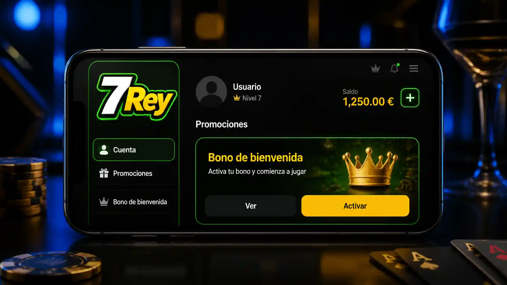 Cuenta móvil de 7Rey mostrando el acceso a promociones