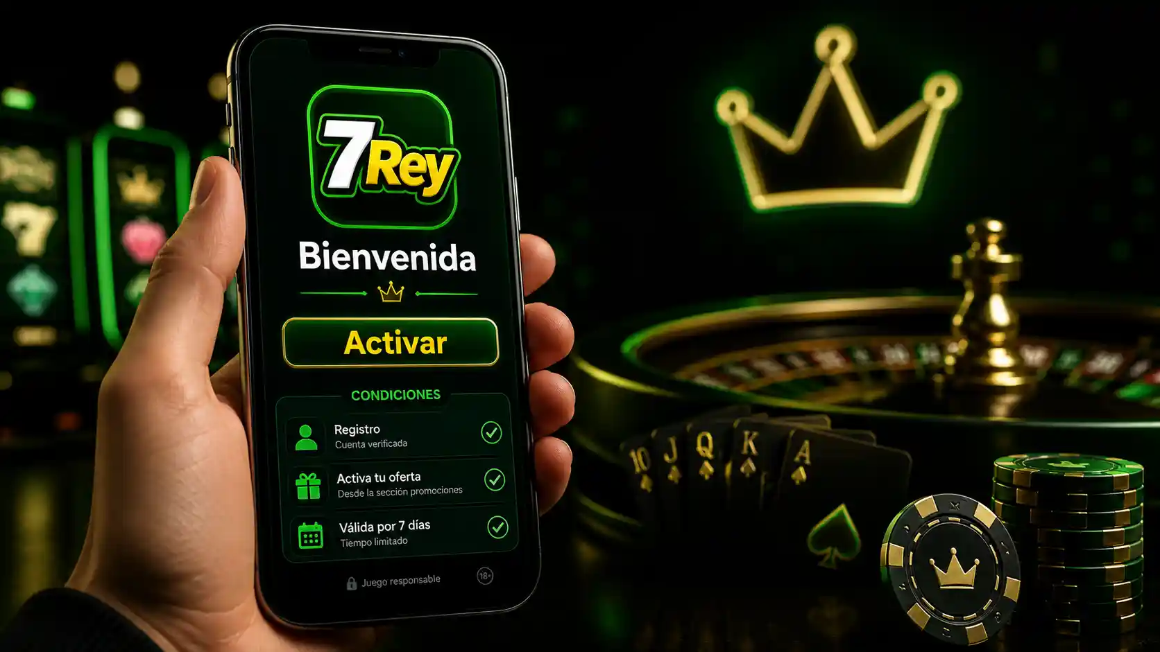 Activación del bono de bienvenida de 7Rey desde un celular