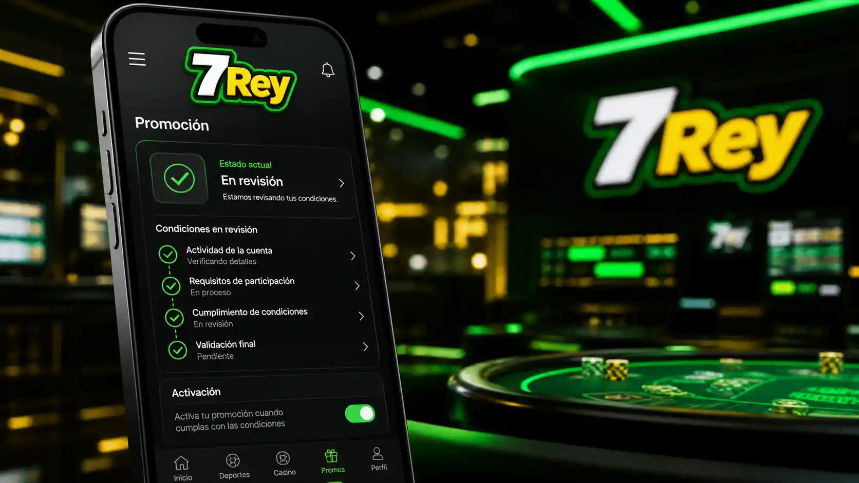 Panel móvil de 7Rey con el estado de una promoción