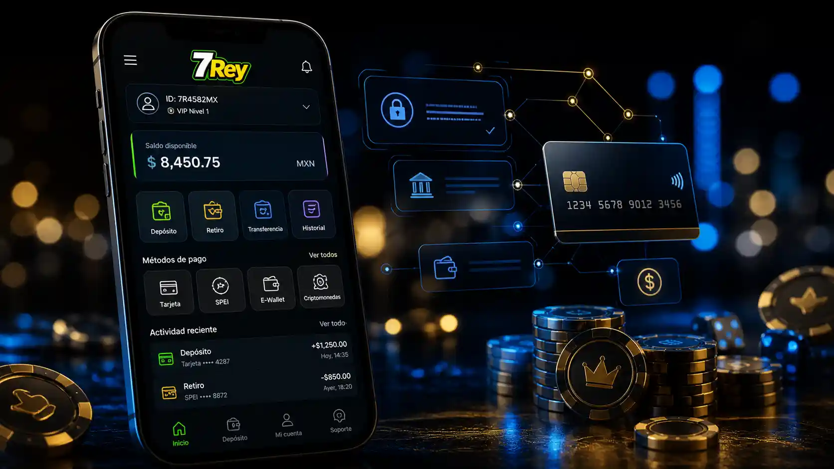 Celular mostrando el acceso móvil y el saldo de una cuenta de 7Rey