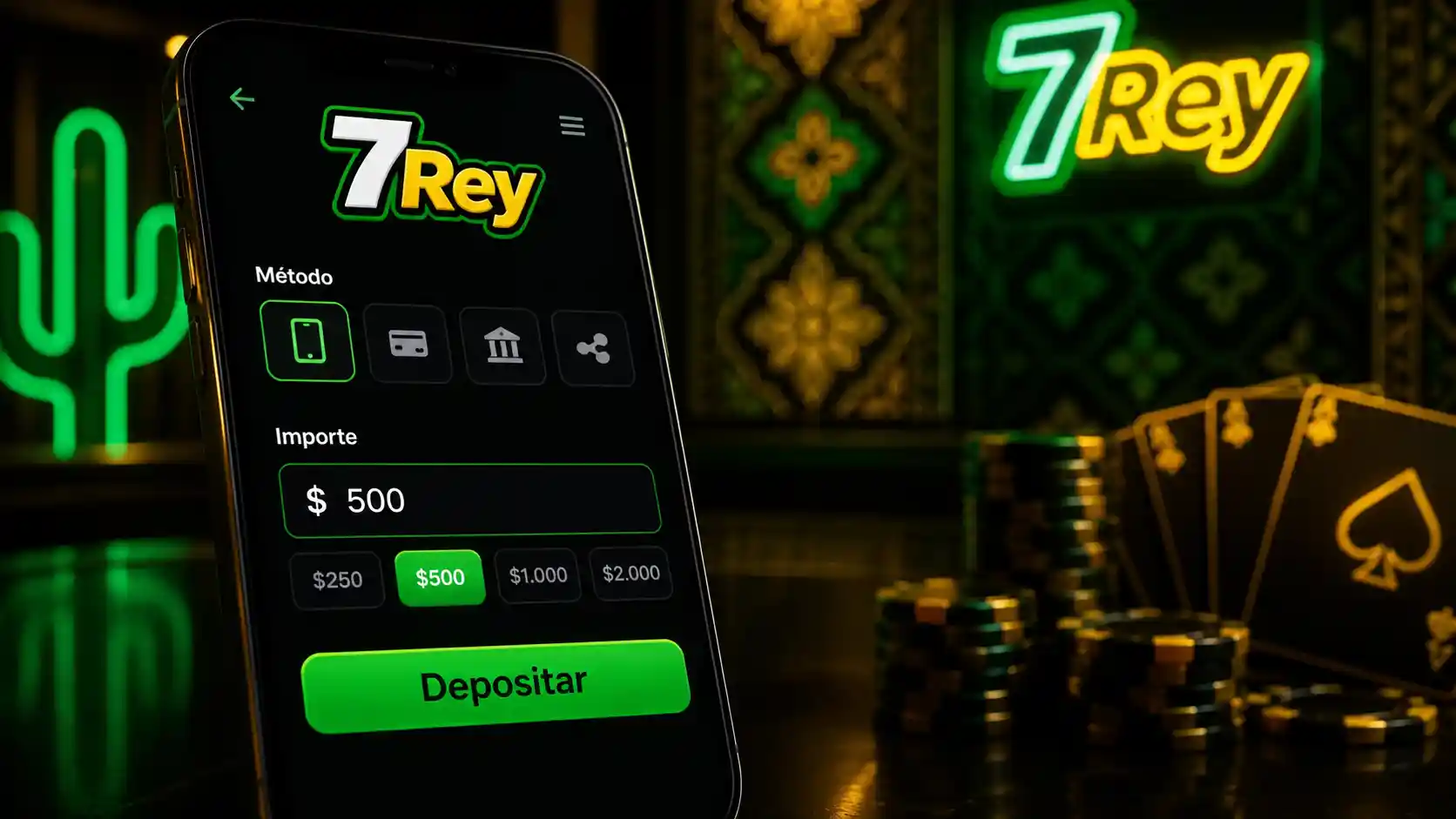Selección de método e importe para un depósito móvil en 7Rey