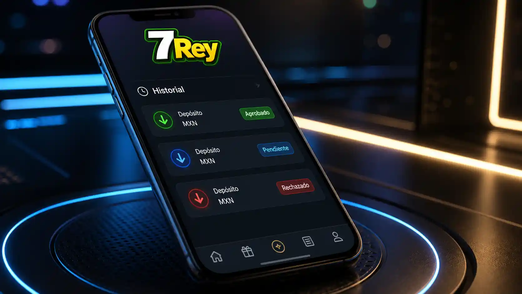 Historial móvil de movimientos y estado de un depósito en 7Rey