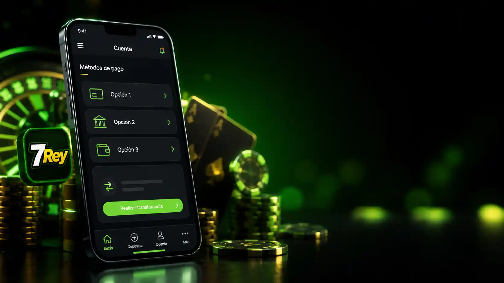 Pantalla móvil de 7Rey con opciones de pago disponibles