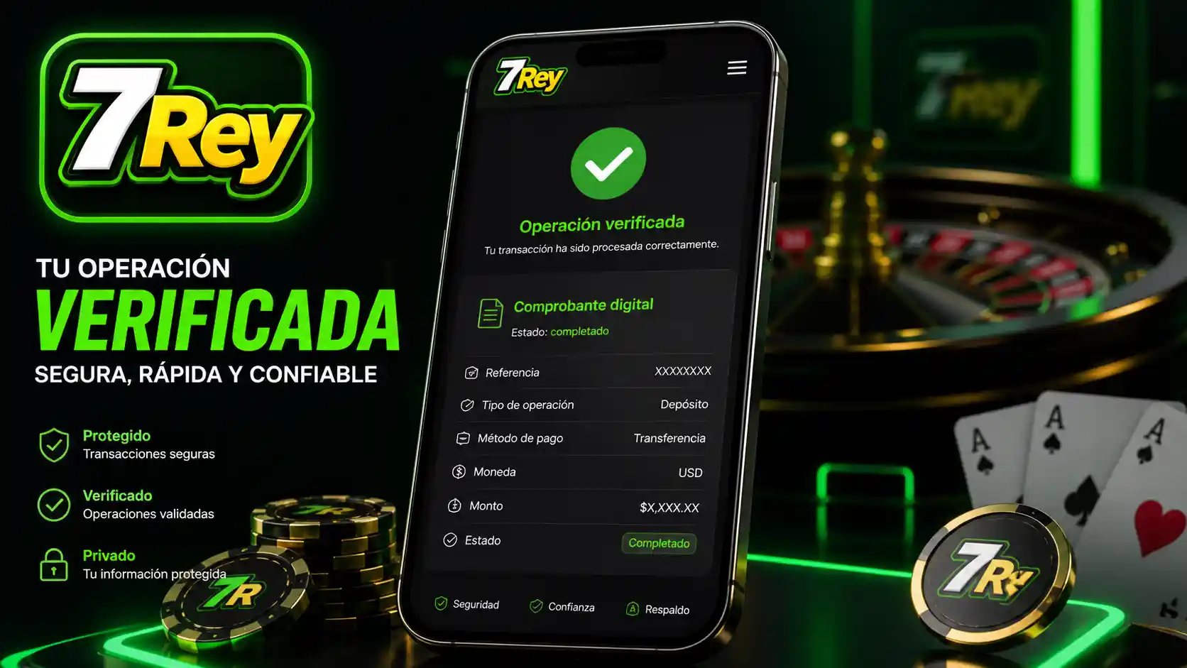 Comprobante y estado de una operación de pago móvil en 7Rey