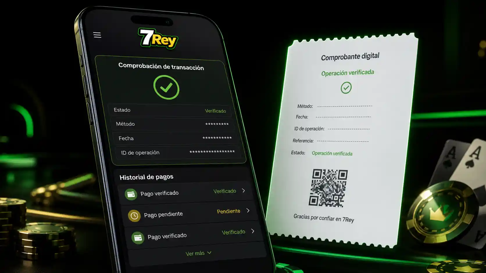 Comprobante y estado de transacción de un depósito en 7Rey