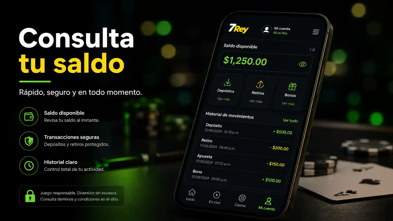 Cuenta móvil de 7Rey mostrando el saldo disponible y el historial de movimientos