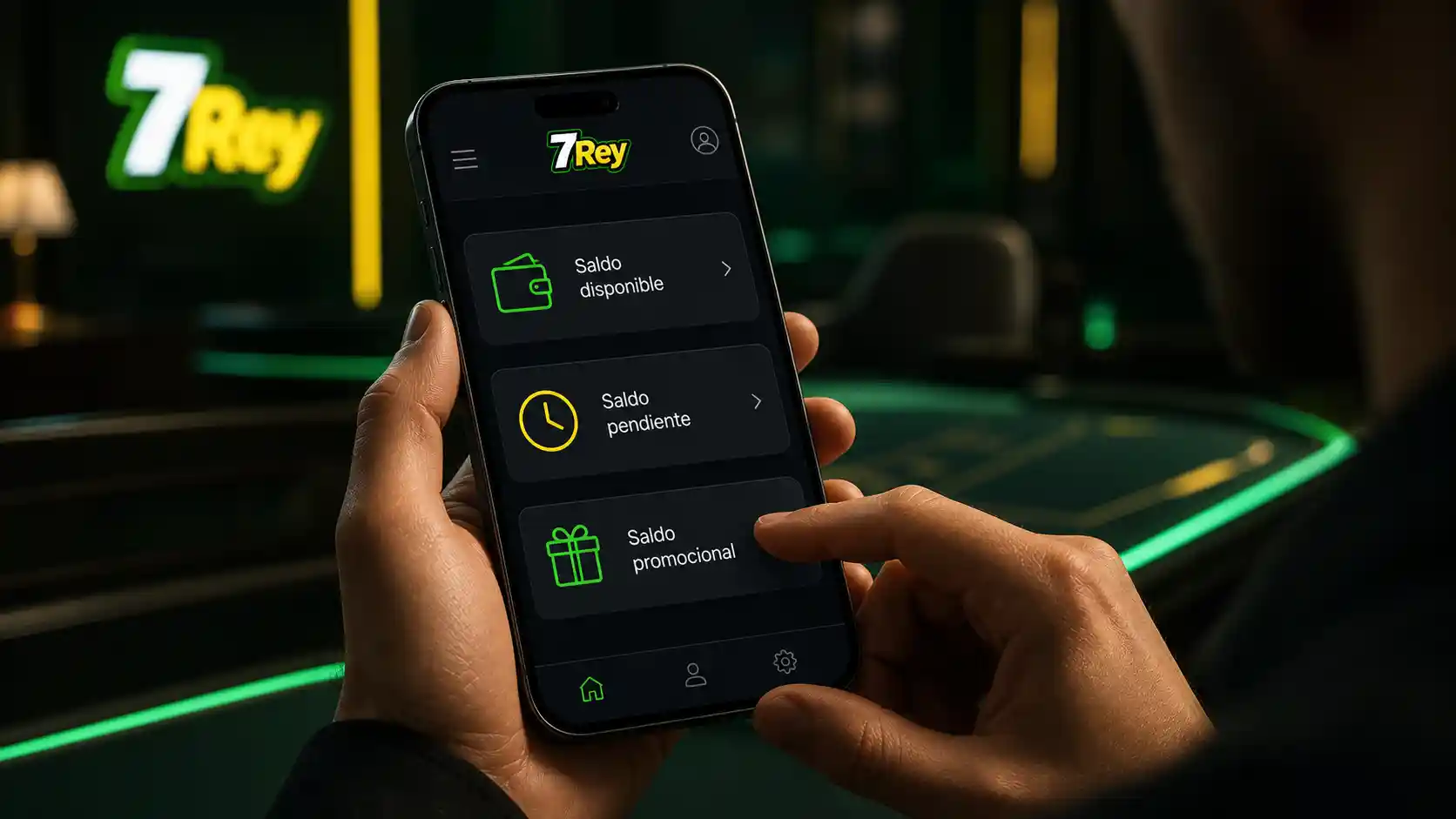 Panel de 7Rey con saldo disponible, fondos pendientes y movimientos de cuenta
