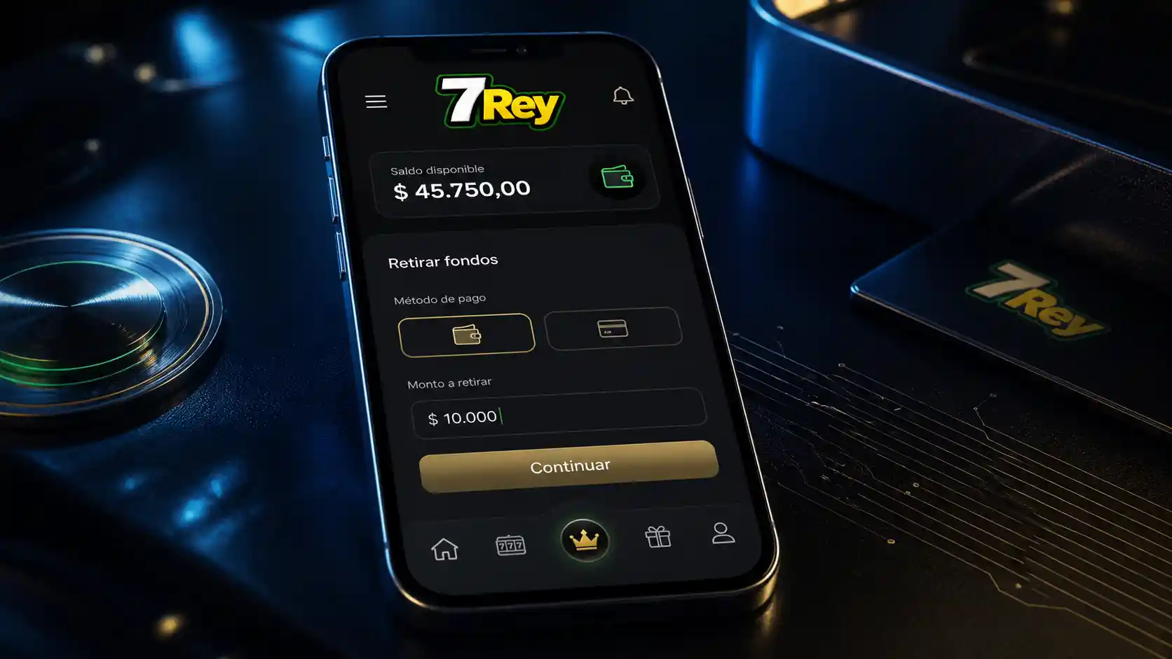 App móvil de 7Rey mostrando el área de saldo y pagos