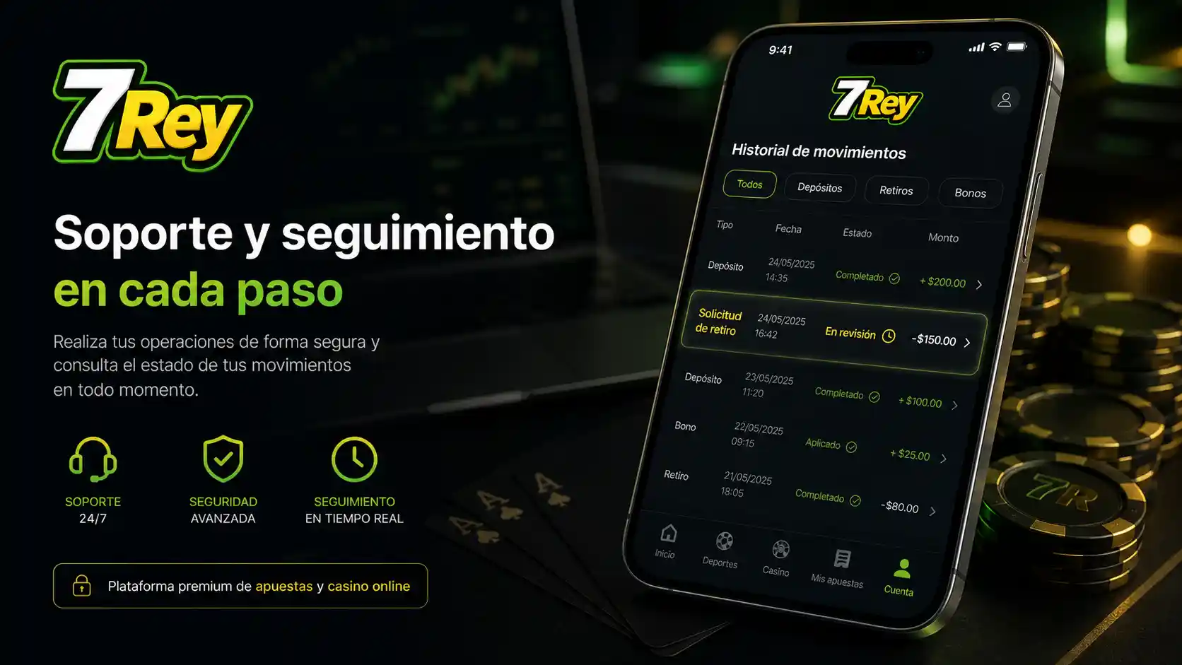 Historial de una solicitud de retiro de 7Rey en estado de revisión