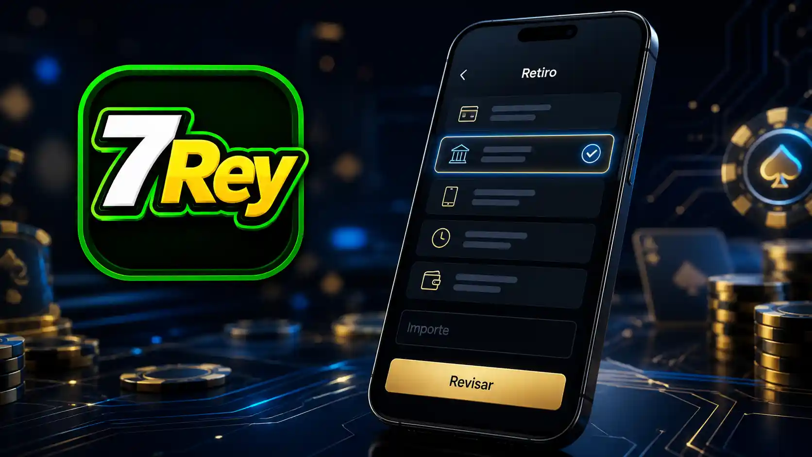 Pantalla móvil de 7Rey para seleccionar un método de retiro