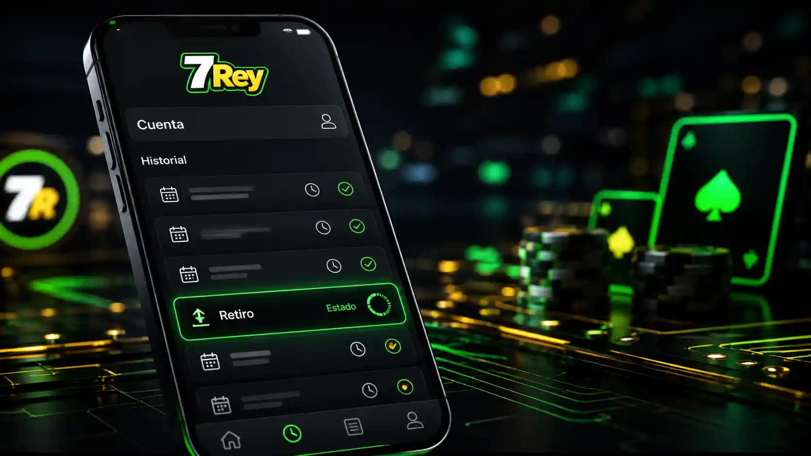 Celular mostrando el historial de retiros de 7Rey