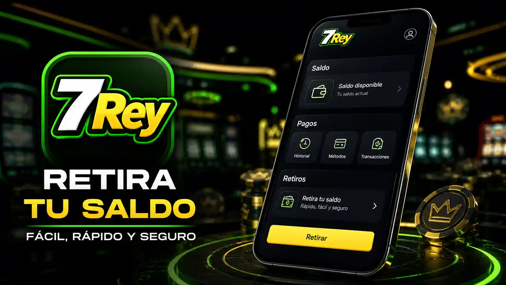 App de 7Rey mostrando la sección de saldo y retiros en un celular
