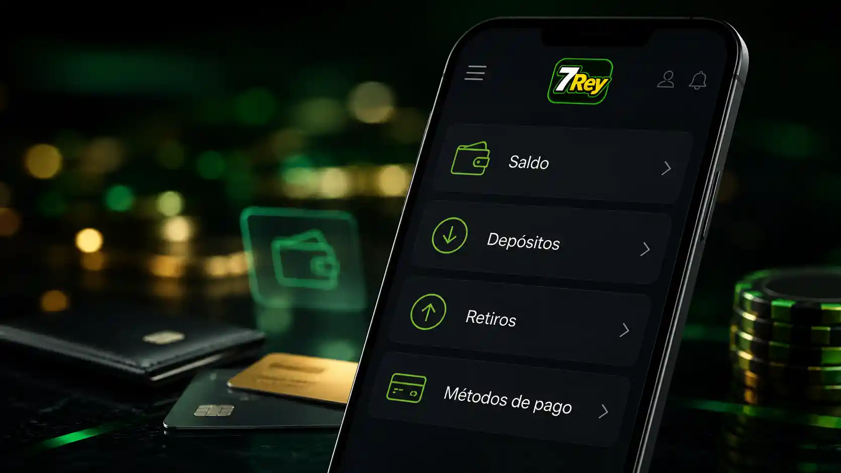 Cuenta móvil de 7Rey con la sección de métodos de pago visible