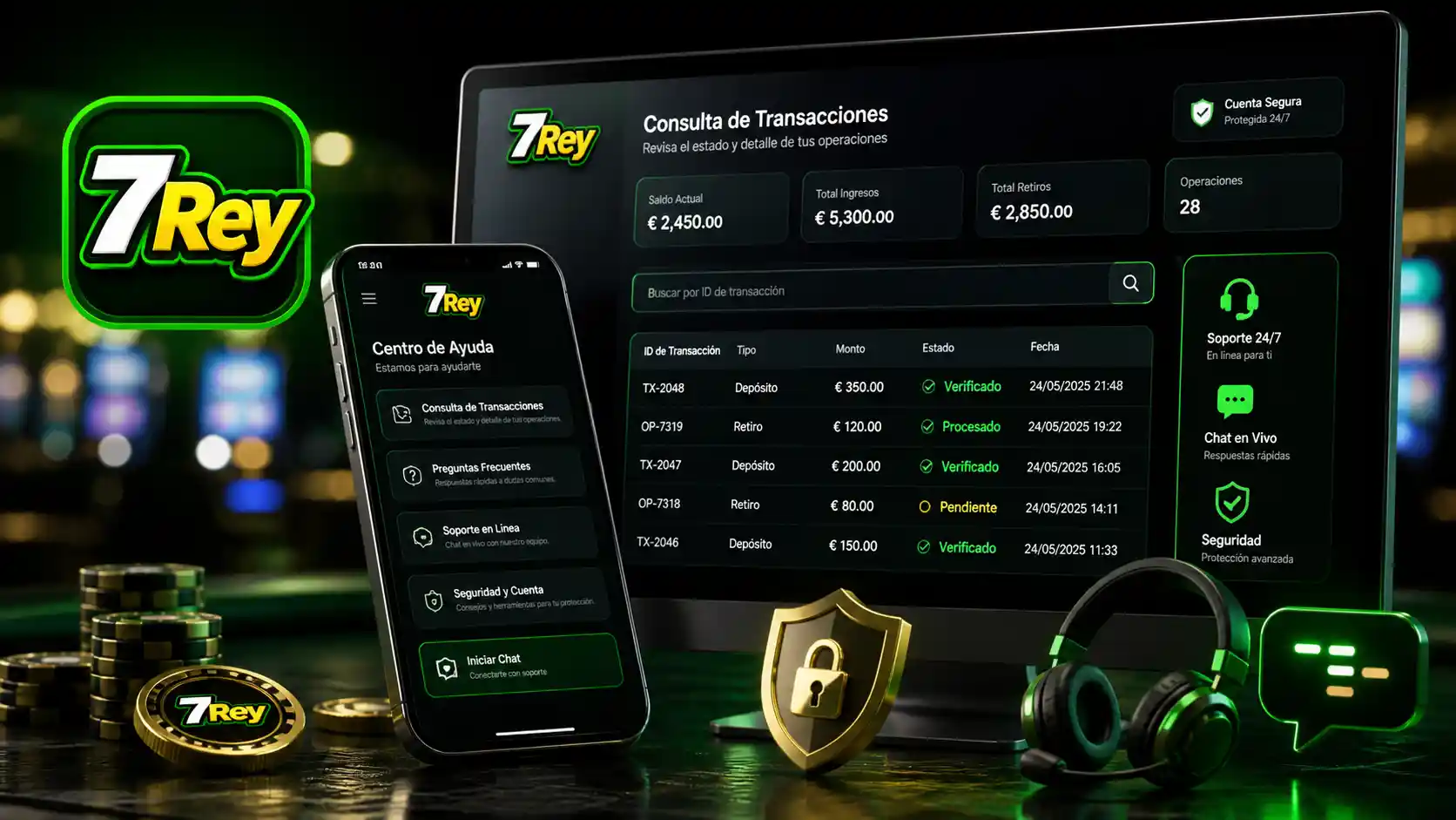 Consulta de una operación de pago y soporte de 7Rey desde el celular