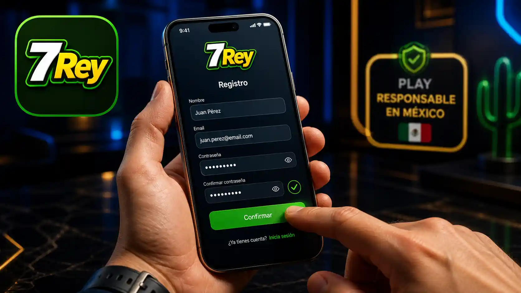 Usuario completando el registro de 7Rey en un dispositivo móvil