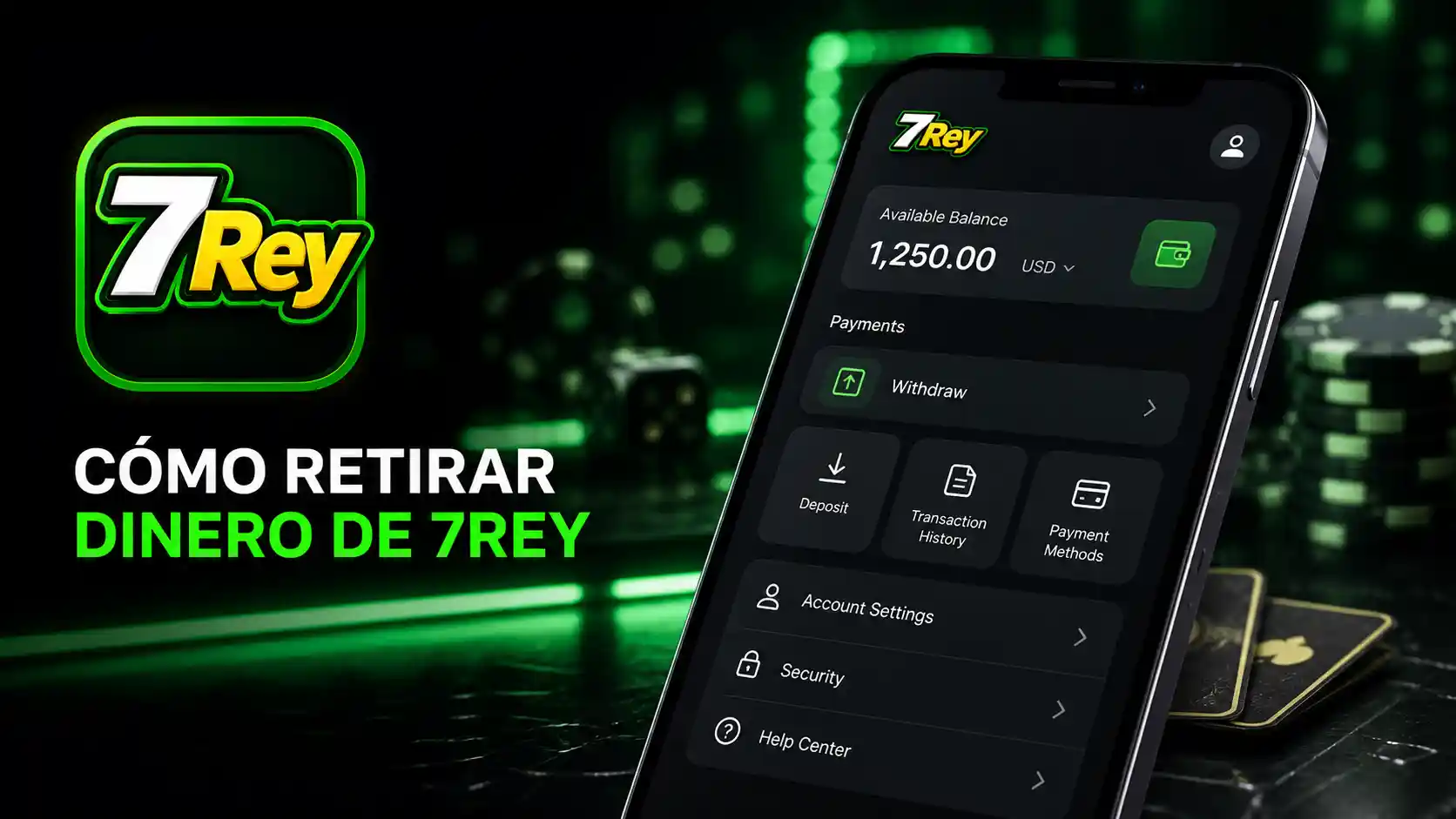 Cuenta de 7Rey mostrando el acceso al área de pagos y retiro