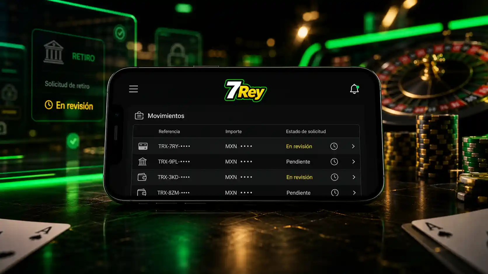 Historial de transacciones de 7Rey con el estado de un retiro