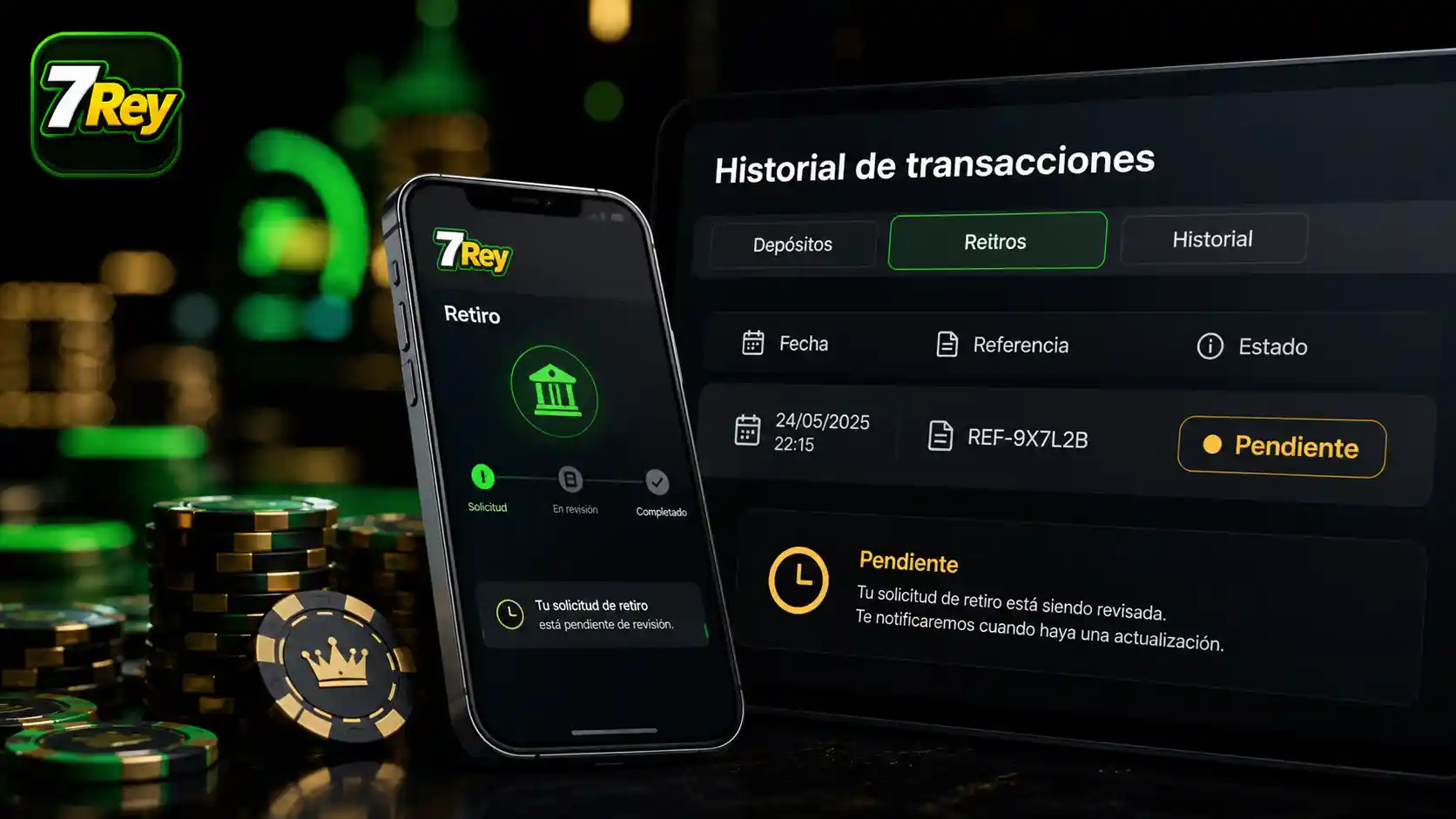 Historial de transacciones con un retiro pendiente en el móvil