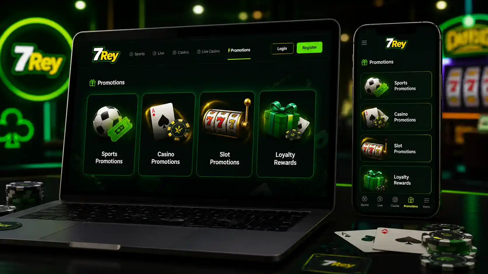 Sección de promociones de 7Rey mostrada en dispositivos digitales