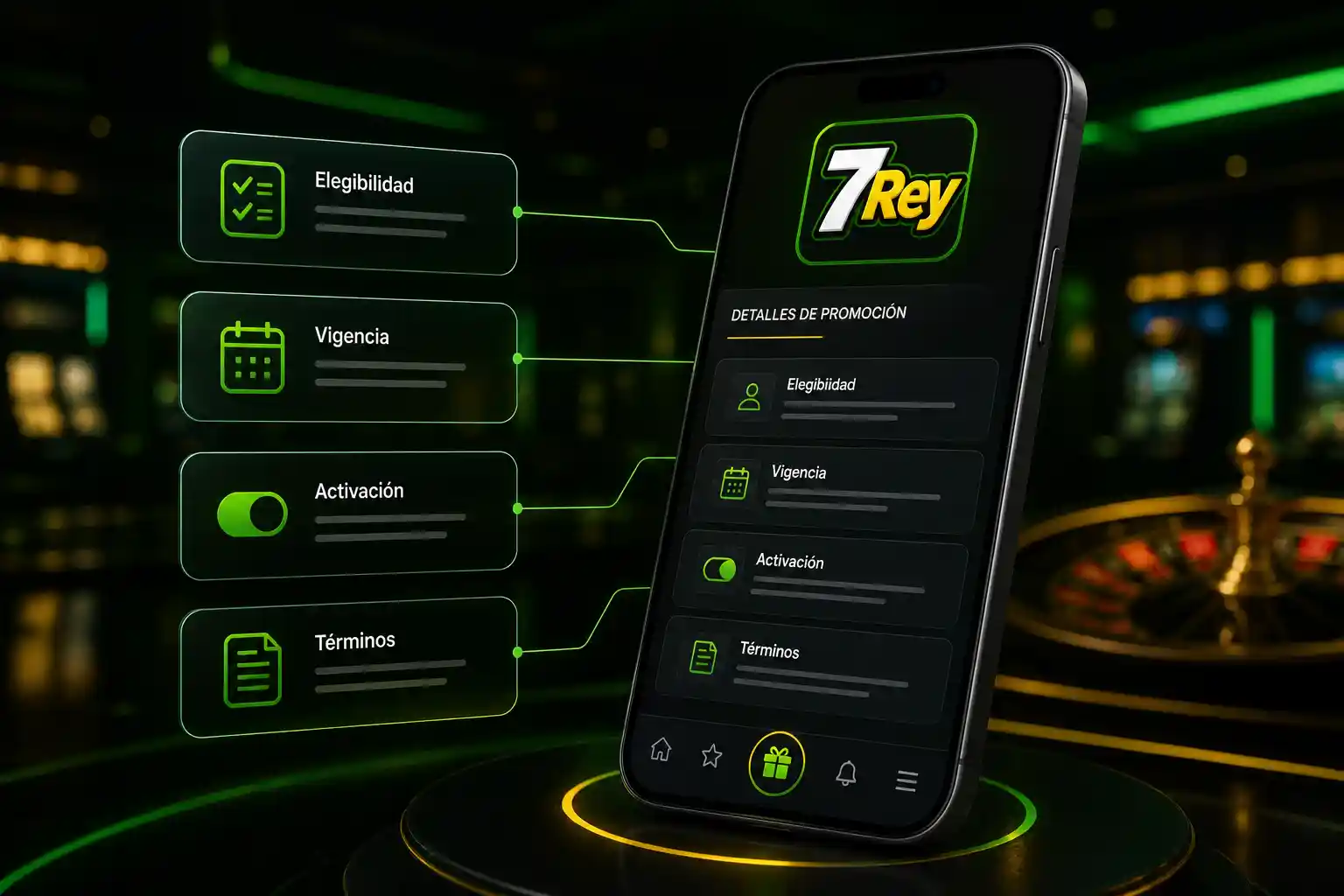 Detalles y condiciones de una promoción de 7Rey en un teléfono