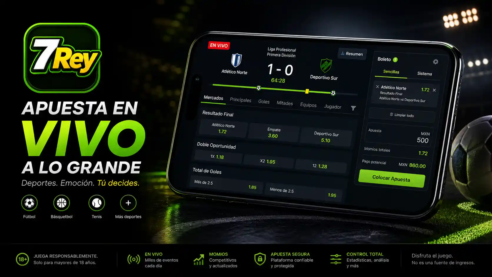 Apuestas deportivas en vivo de 7Rey consultadas desde un celular