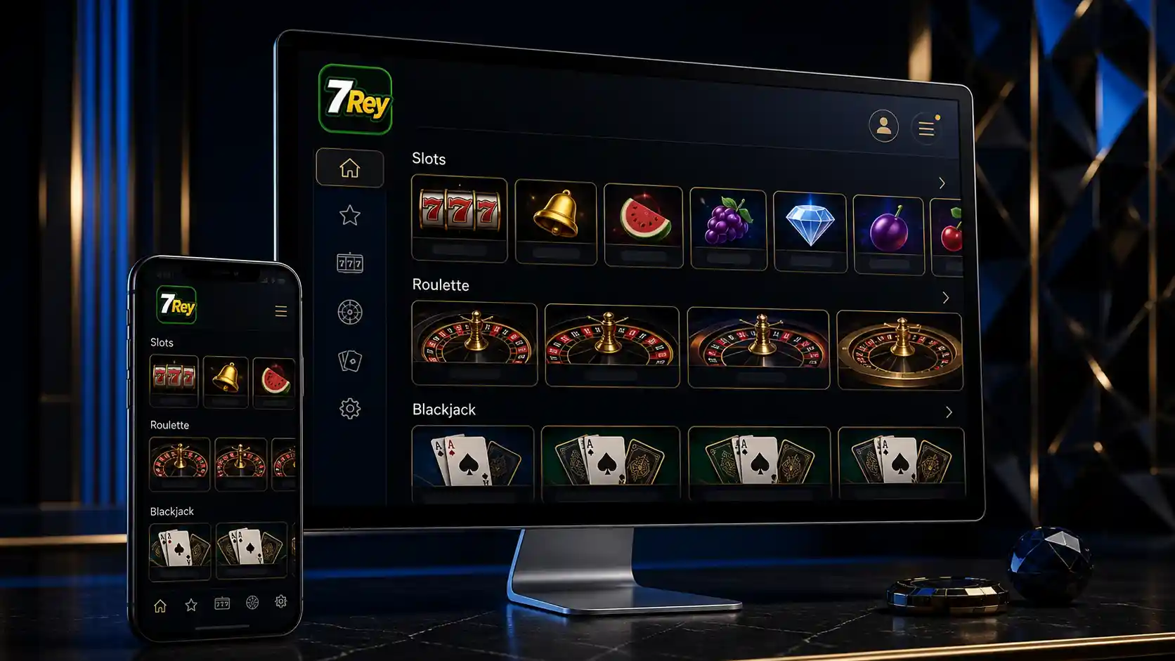 Lobby de juegos de casino de 7Rey con categorías de tragamonedas, ruleta y blackjack