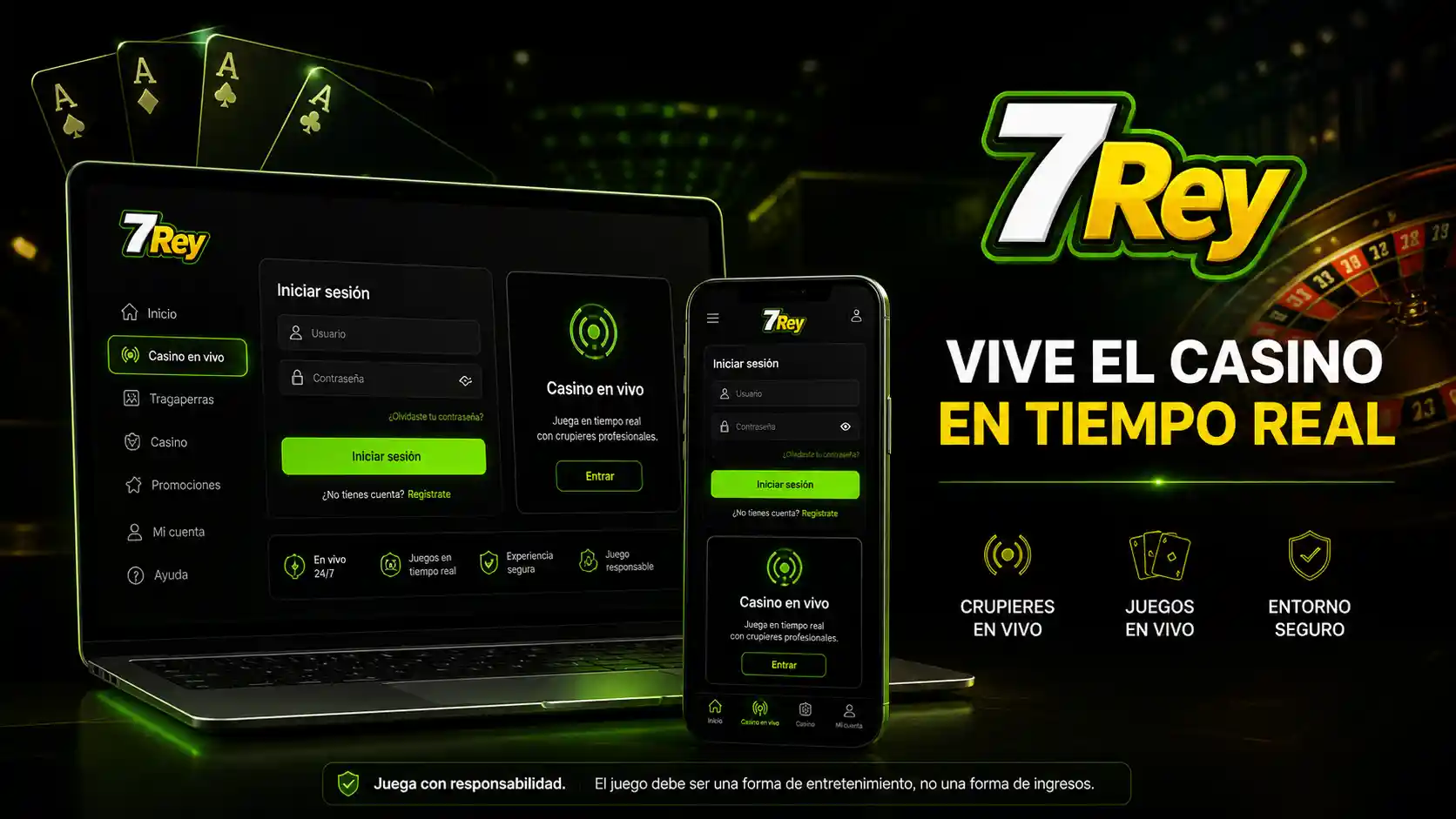 Acceso al casino en vivo de 7Rey desde un celular y un ordenador