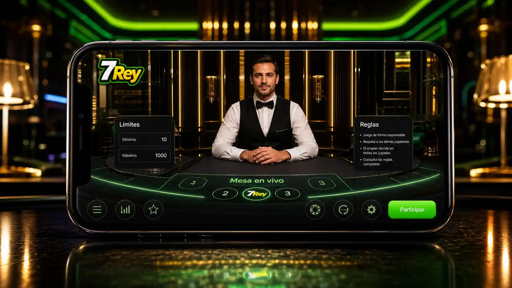 Mesa de casino en vivo de 7Rey con reglas y controles visibles