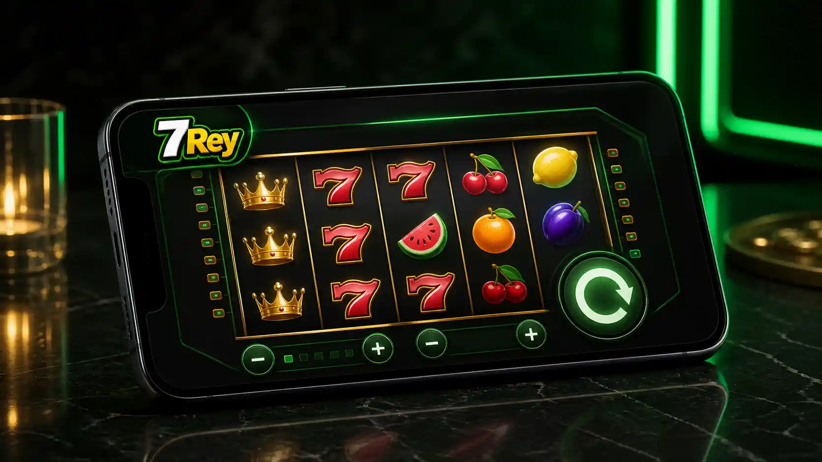 Interfaz móvil de 7Rey con una tragamonedas lista para jugar