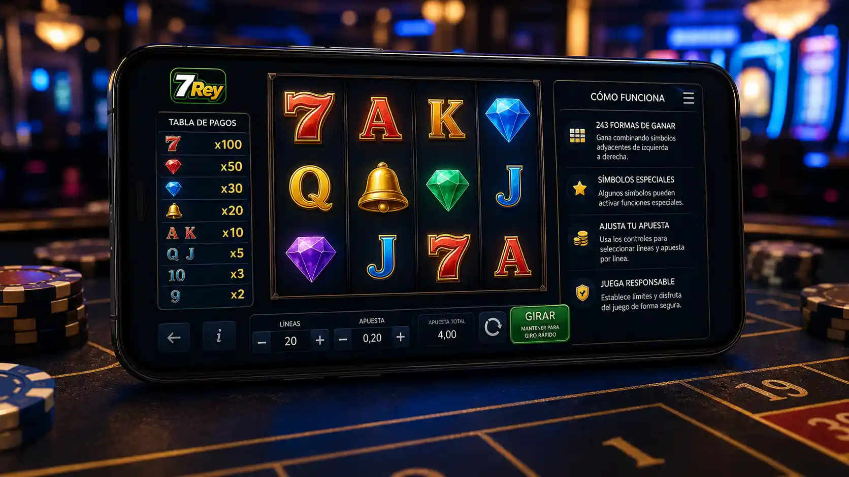 Tabla de pagos y controles de una tragamonedas en 7Rey