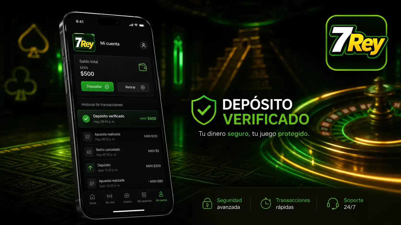 Cuenta de 7Rey mostrando el historial de un depósito