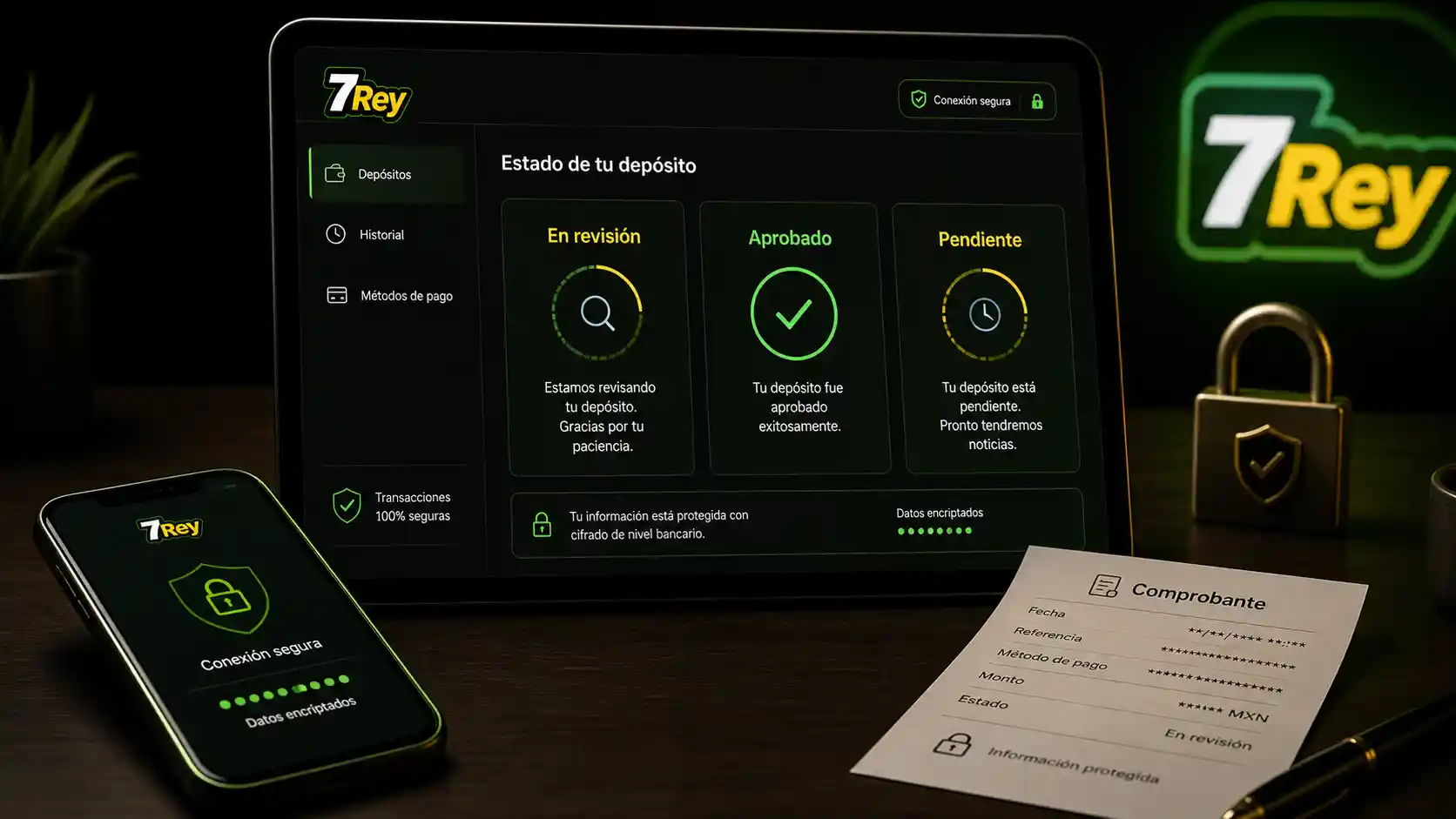 Revisión del estado de un depósito en 7Rey desde un celular