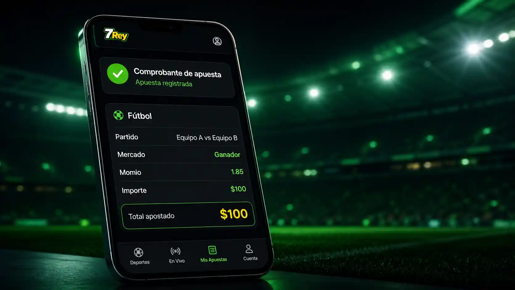 Comprobante de una apuesta de fútbol en la interfaz de 7Rey