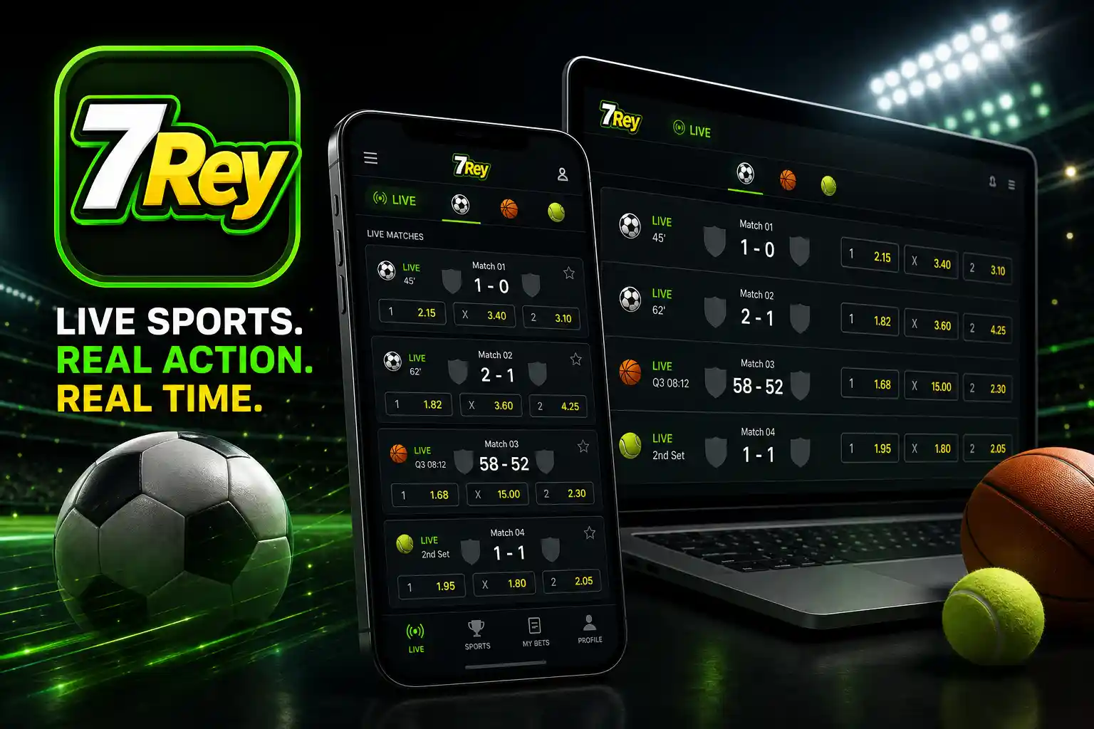 Interfaz de 7Rey con eventos deportivos en vivo y partidos activos