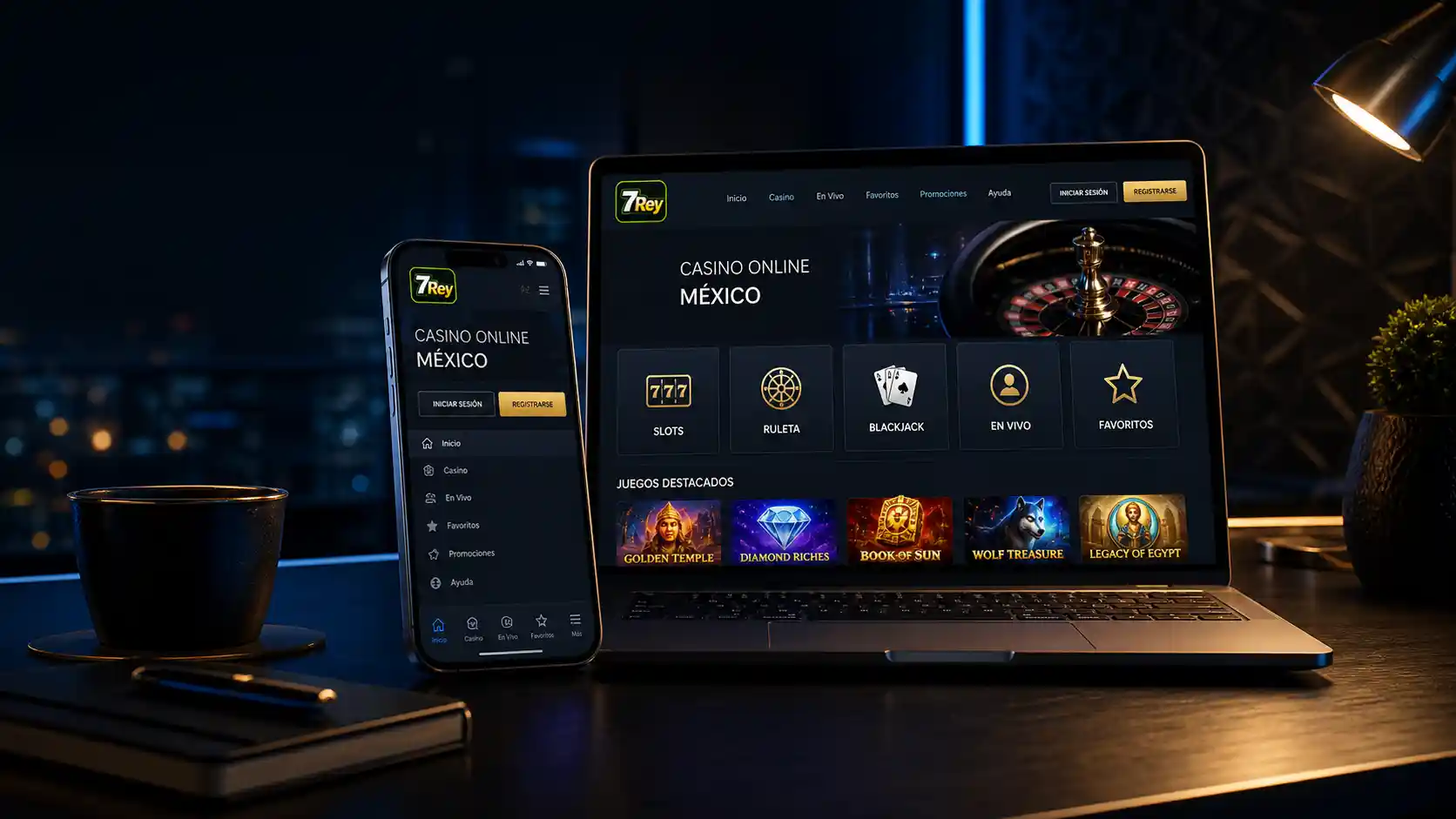 Interfaz móvil de 7Rey casino online México con acceso y categorías de casino
